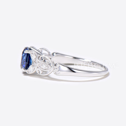 14K Gold Filigree Ring 1CT Round Blue Sapphire Engagement Ring