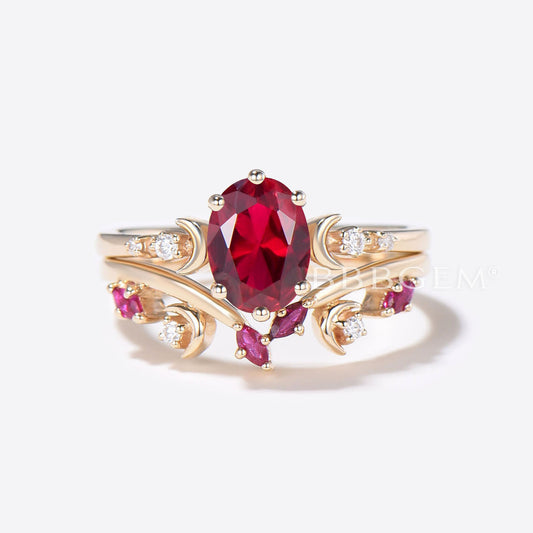 Crescent Moon Ruby Ring Oval Cut Red Ruby Engagement Ring Set