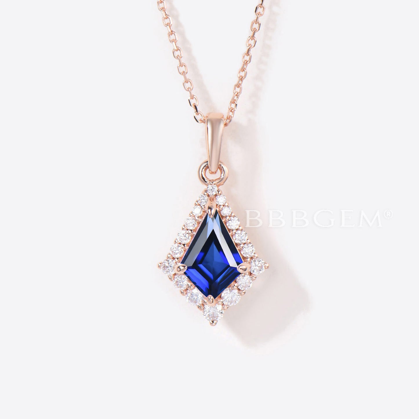 Rose Gold Kite Cut Blue Sapphire Necklace Halo Moissanite Pendant