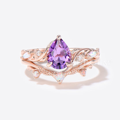 Twig Leaf Natural Amethyst Bridal Set 1.25ct Pear Shaped Amethyst Engagement Ring Purple Crystal Ring