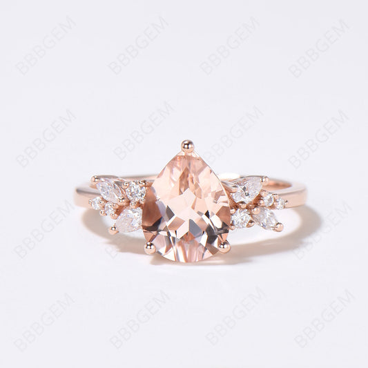 Vintage Teardrop Natural Morganite Engagement Ring Rose Gold Cluster Moissanite Wedding Ring Pear Shaped Peach Morganite Ring for Women