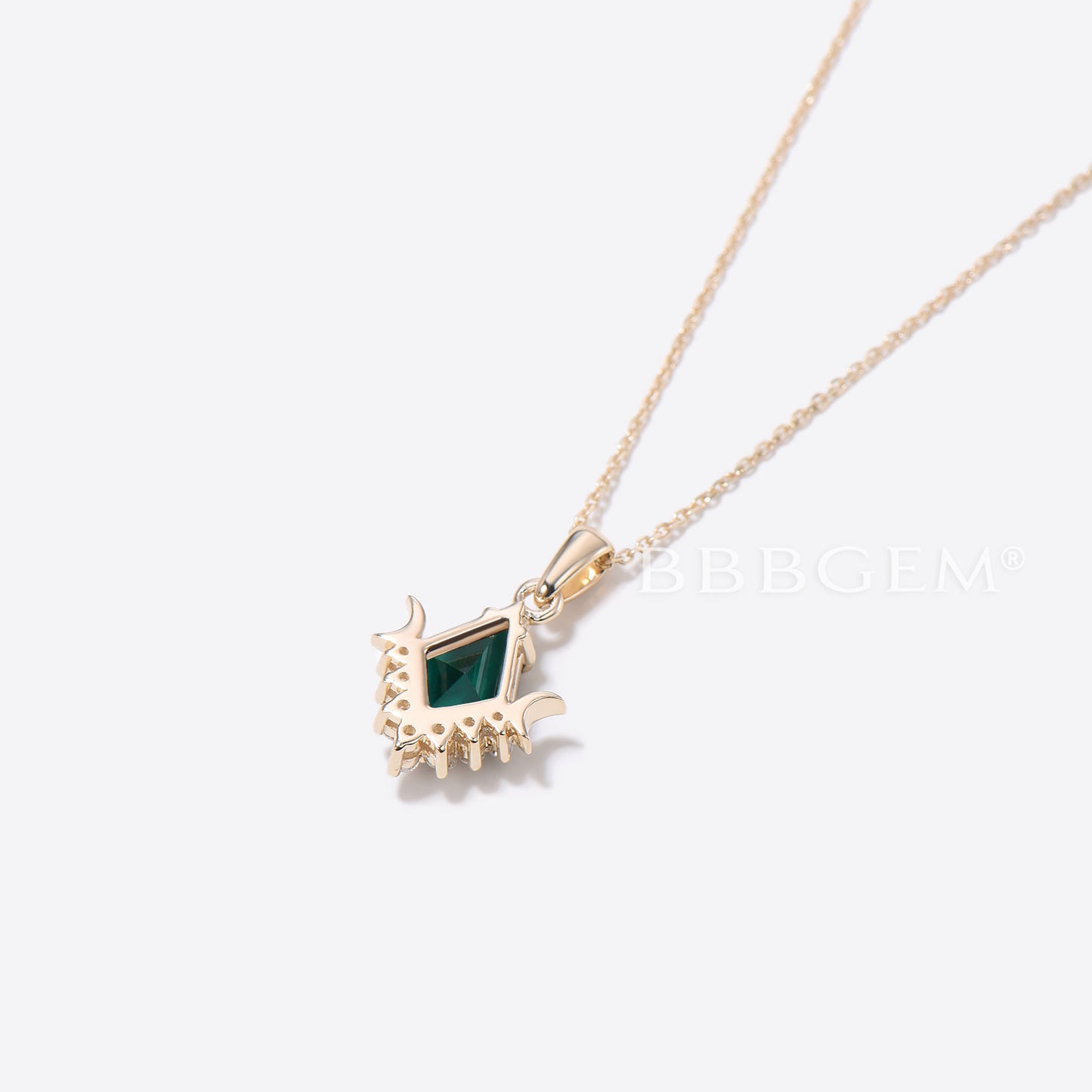 Solid 14k Gold Moon Necklace Kite Cut Green Emerald Wedding Necklace