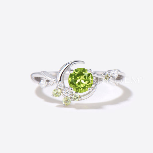 Moon Star Design Round Cut Peridot Ring Cluster Diamond Ring