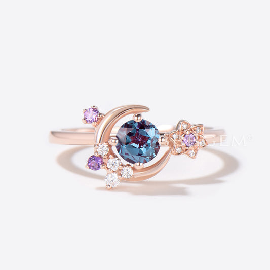 Moon Engagement Ring Round Alexandrite Amethyst Wedding Ring