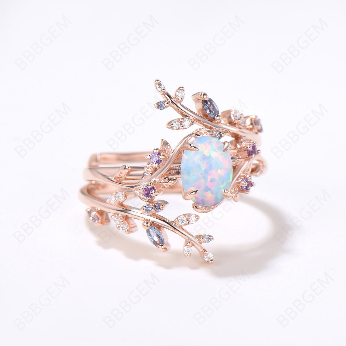 Branch Opal Engagement Ring Oval White Opal Bridal Set Nature Inspired Leaf Alexandrite Ring Rose Gold Wedding Band Enhancer Guard Ring