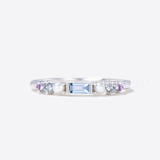 Multi Color Gemstone Silver Ring Band Aquamarine and Pearl Amethyst Birthstone Rainbow Band