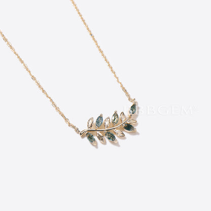 Marquise Natural Moss Agate Leaf Necklace 14k Gold Green Agate Pendant