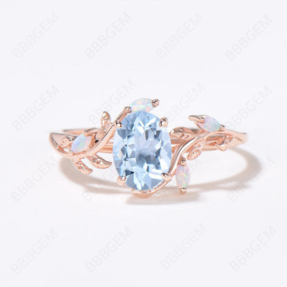 Leaf Branch Natural Aquamarine Engagement Ring Rose Gold Twig Vine March Birthstone Promise Ring Unique Marquise Opal Wedding Ring