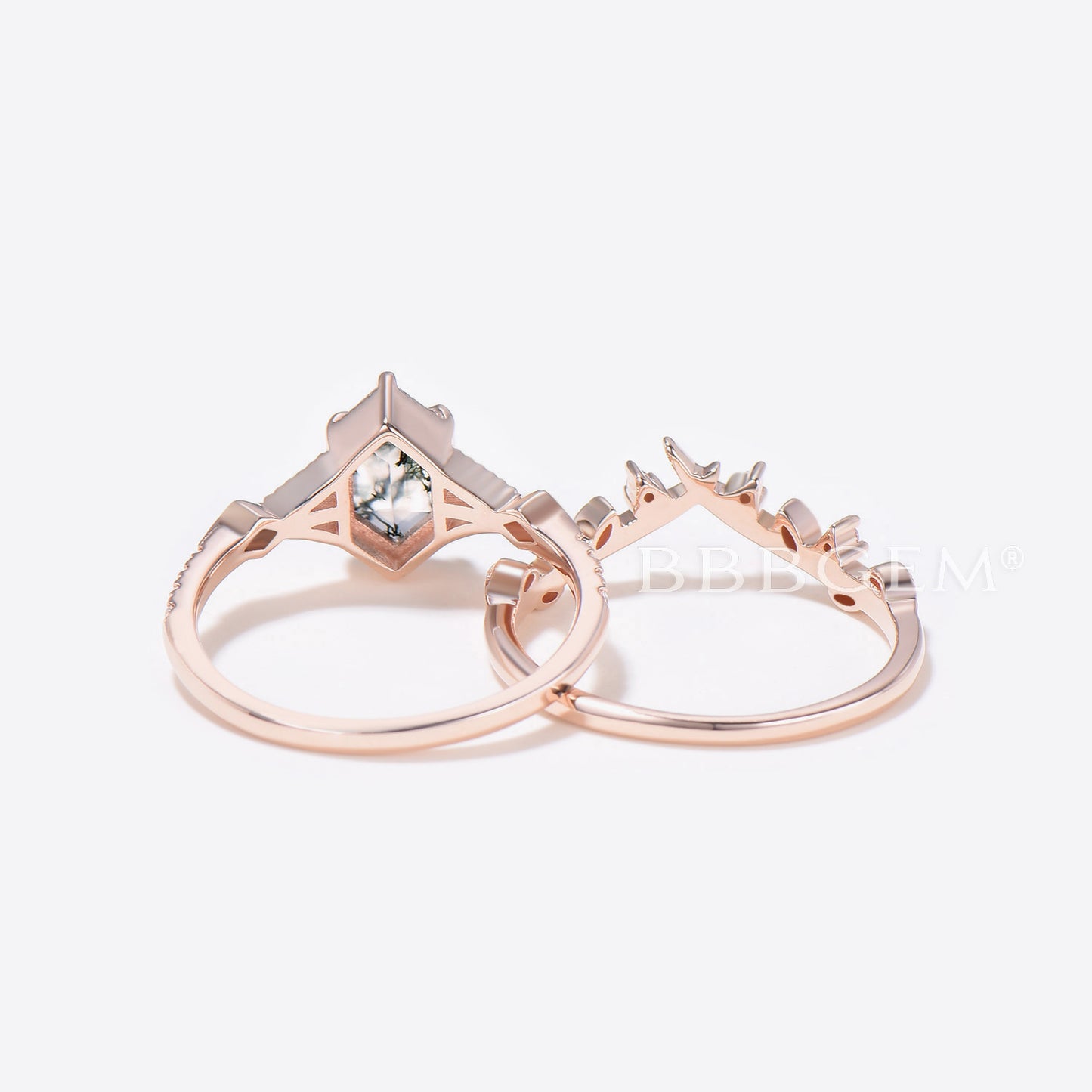 Long Hexagon Cut Moss Agate Ring Set Rose Gold 3-Stones Hexagon Moss Agate Engagement Ring With Square Peridot Accents