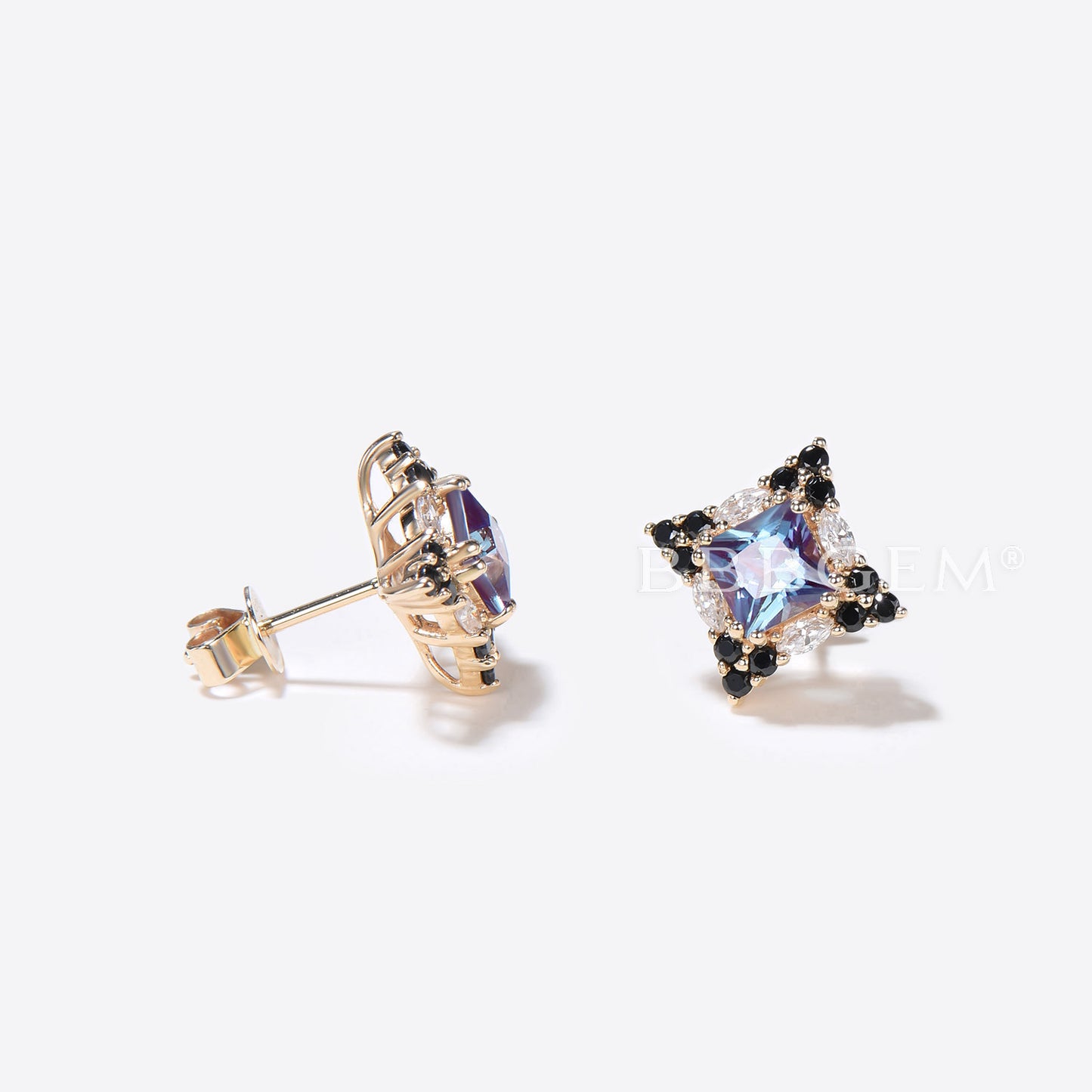 Princess Cut Alexandrite Stud Earrings Halo Moissanite Earrings