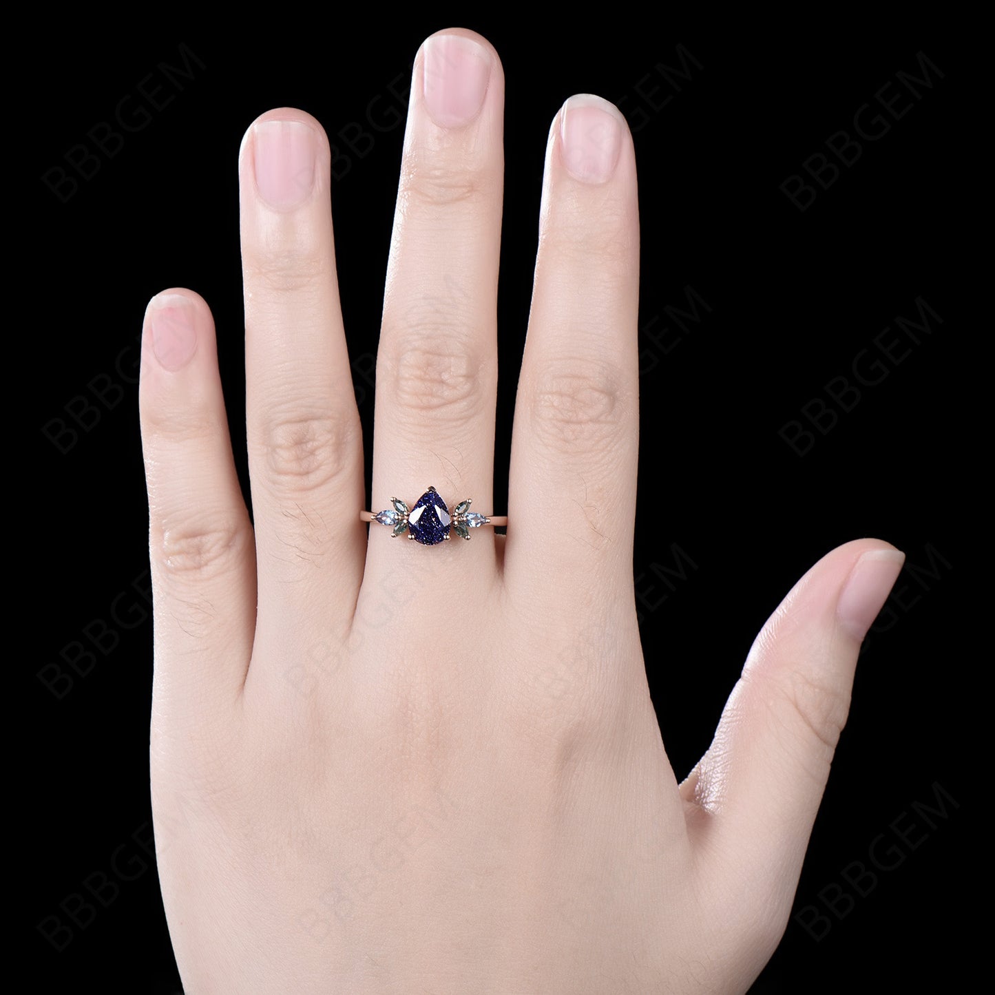 1.25ct Pear Shaped Blue Sandstone Engagement Ring 7 Stone Moss Agate Cluster Wedding Ring Rose Gold Blue Goldstone Promise Ring