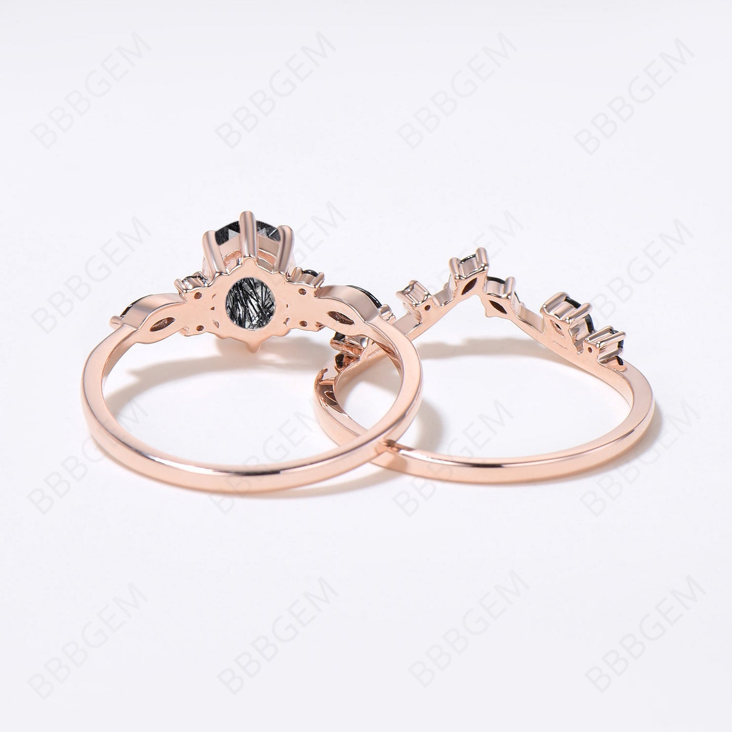 Rose Gold Oval Black Rutilated Quartz Engagement Ring Set