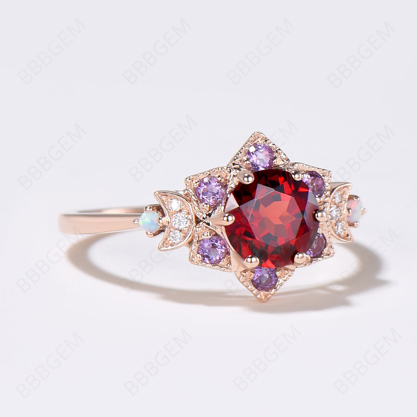 Floral Red Garnet Engagement Ring Moon Halo Amethyst Ring