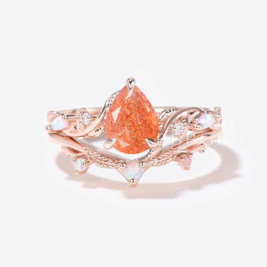 Twig Vine Pear Shaped Sunstone Engagement Ring Leaf Opal Bridal Set