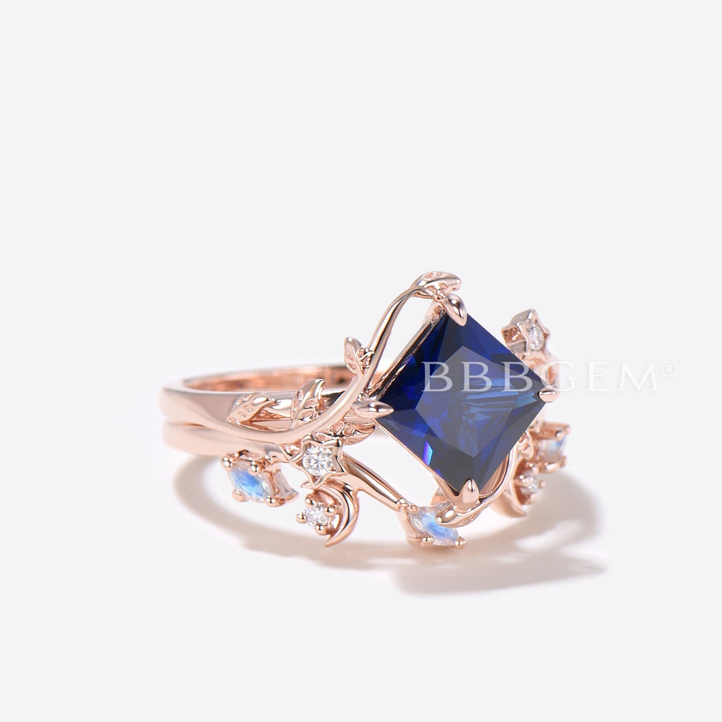 Moon Leaf Princess Cut Blue Sapphire Engagement Ring Nature Inspired Ring