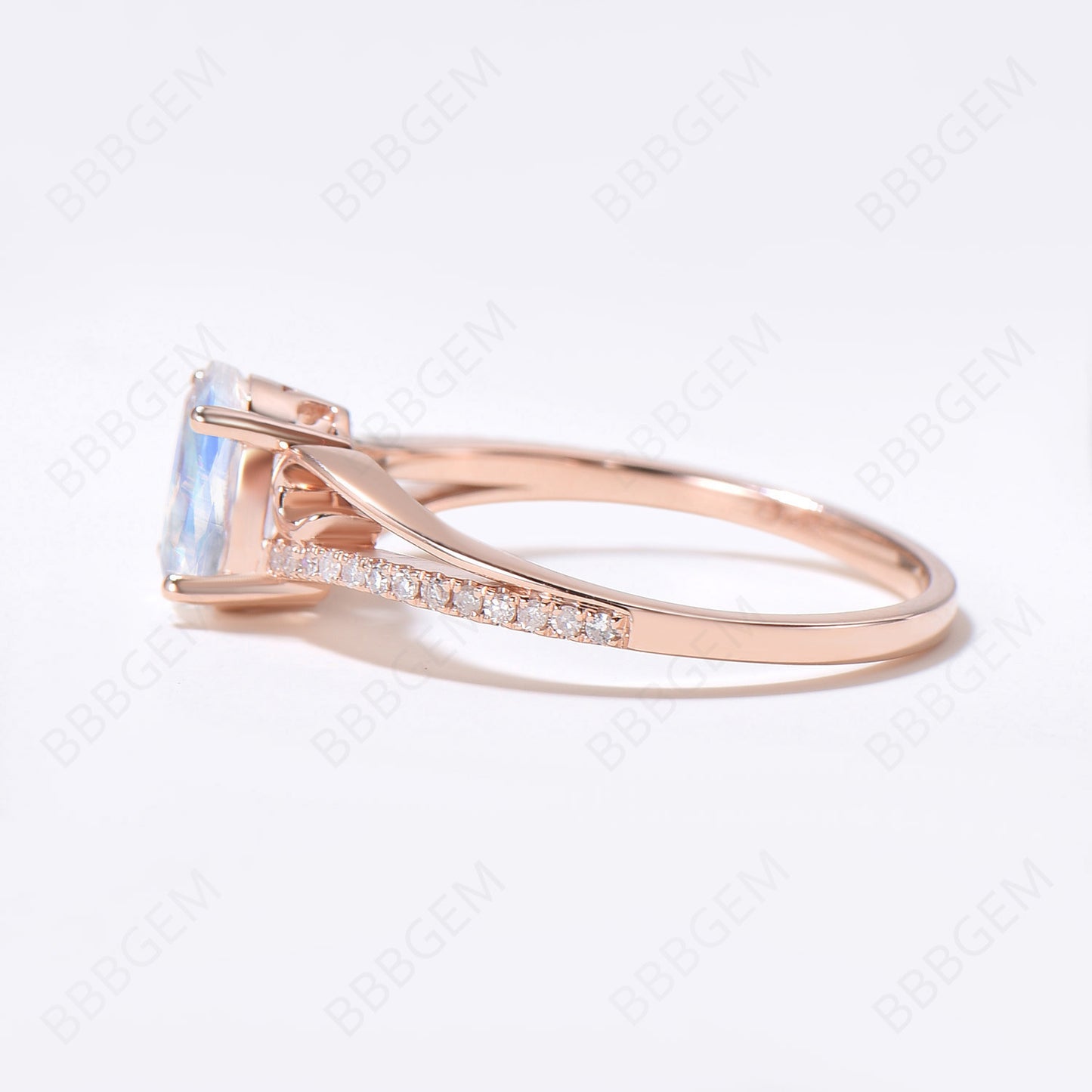 Art Deco Moonstone Engagement Ring Curved Wedding Ring Rose Gold Split Shank Band