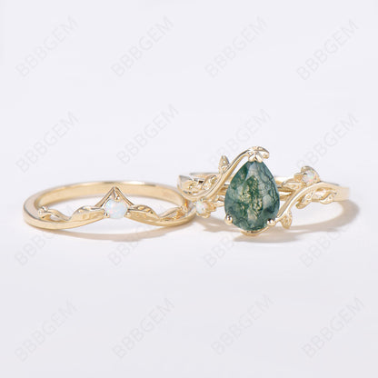 Nature Inspired Twig Leaf Pear Moss Agate Engagement Ring Set