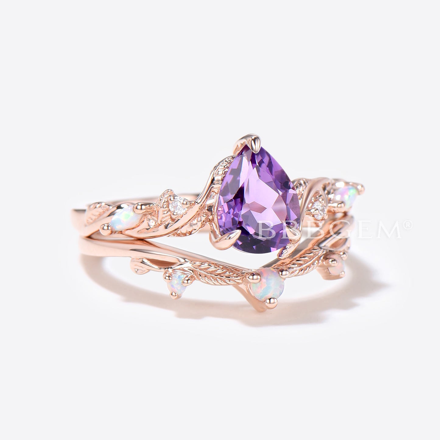 Twig Leaf Natural Amethyst Bridal Set 1.25ct Pear Shaped Amethyst Engagement Ring Purple Crystal Ring