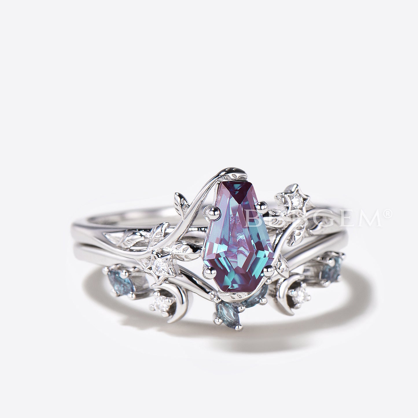 Nature Inspired Leaf Engagement Ring Moon Star Coffin Alexandrite Wedding Ring