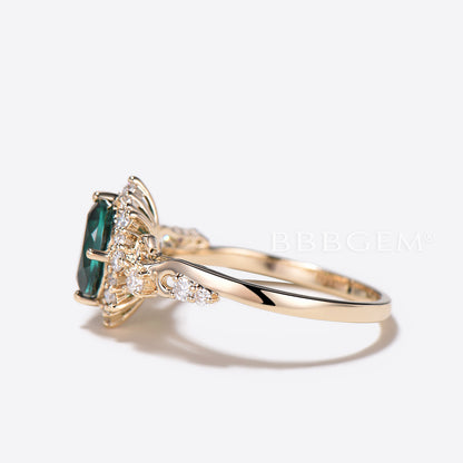 Oval Cut Emerald Engagement Ring 14k Yellow Gold Snowdrift Halo Diamond Ring