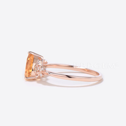 Citrine Engagement Ring Rose Gold Floral Diamond Wedding Ring