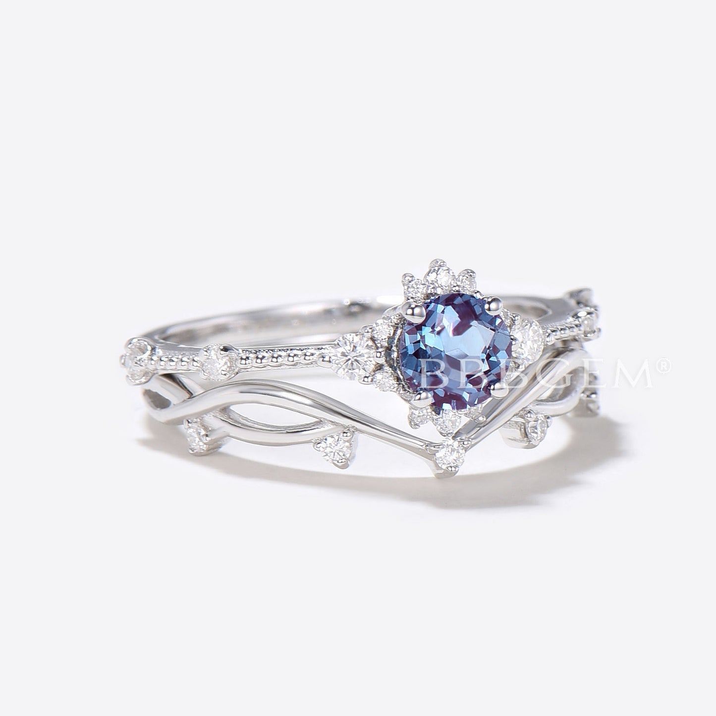 White & Rose Gold 1/2 Carat Round Alexandrite And Moissanite Ring Minimalist Twig Branch Inspired Ivy Ring