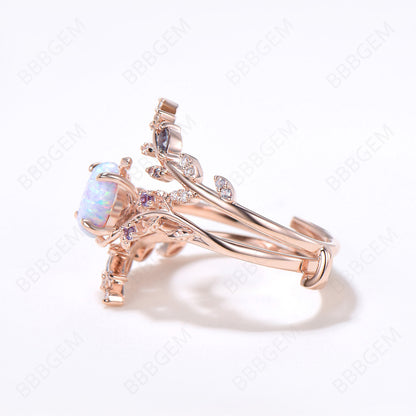 Branch Opal Engagement Ring Oval White Opal Bridal Set Nature Inspired Leaf Alexandrite Ring Rose Gold Wedding Band Enhancer Guard Ring