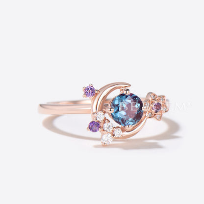 Moon Engagement Ring Round Alexandrite Amethyst Wedding Ring