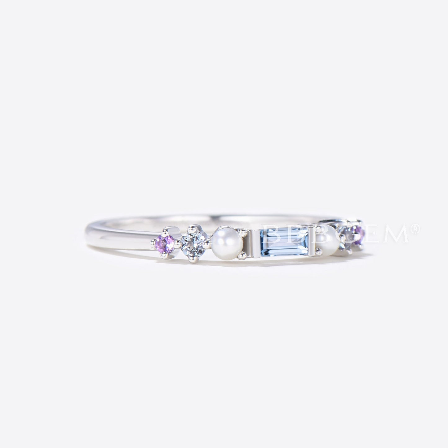 Multi Color Gemstone Silver Ring Band Aquamarine and Pearl Amethyst Birthstone Rainbow Band