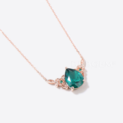 Floral Wedding Necklace Pear Shaped Green Emerald Pendant