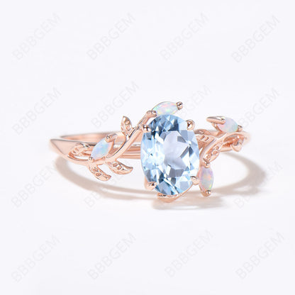 Leaf Branch Natural Aquamarine Engagement Ring Rose Gold Twig Vine March Birthstone Promise Ring Unique Marquise Opal Wedding Ring