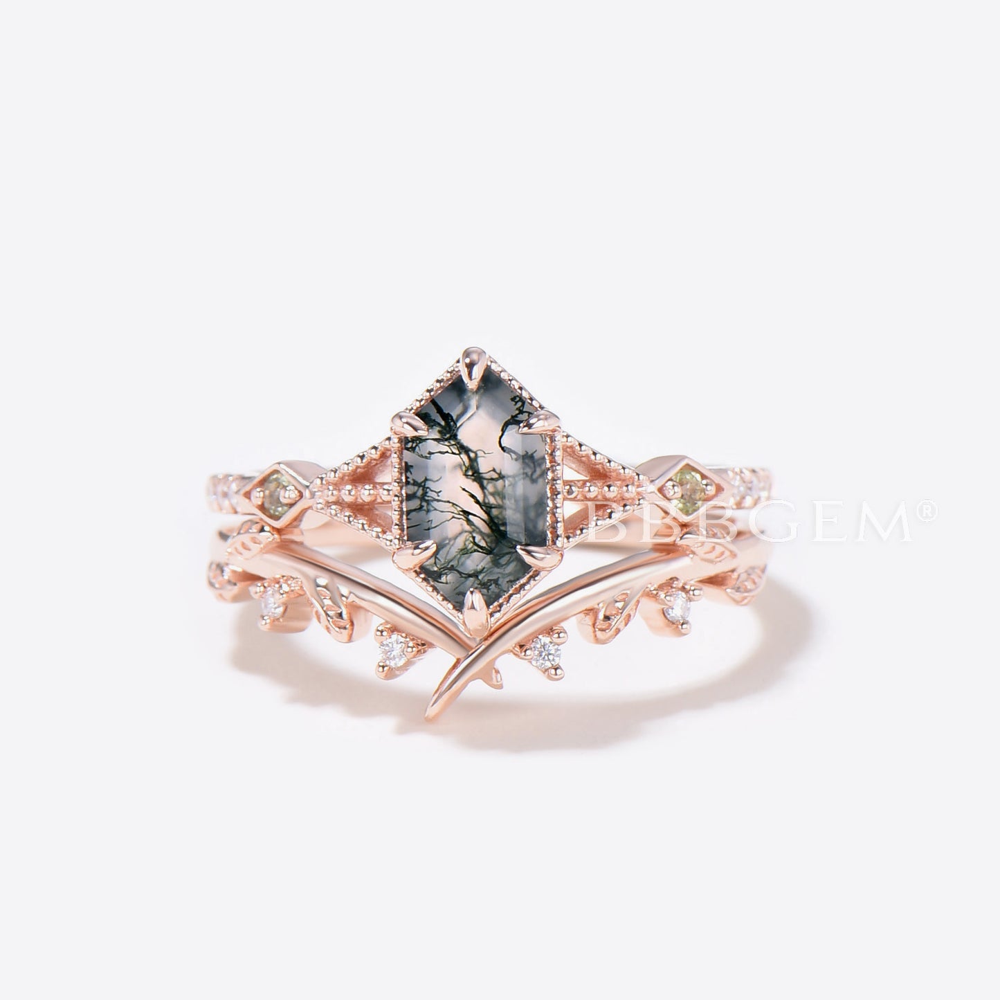 Long Hexagon Cut Moss Agate Ring Set Rose Gold 3-Stones Hexagon Moss Agate Engagement Ring With Square Peridot Accents