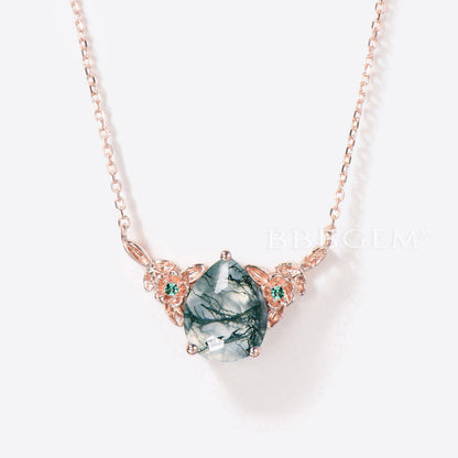 Pear Shaped Natural Moss Agate Necklace Rose Gold Floral Emerald Pendant