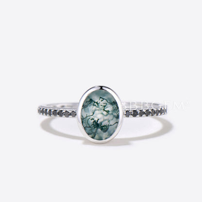 Bezel Set Oval Cut Moss Agate Ring White Gold Engagement ring