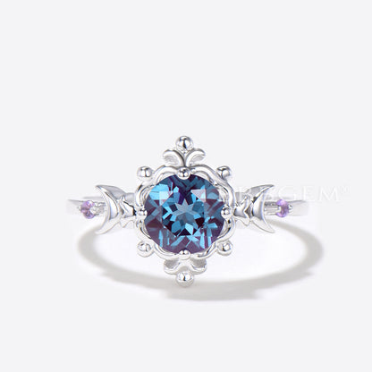 Filigree Wedding Ring Moon Round Alexandrite Engagement Ring