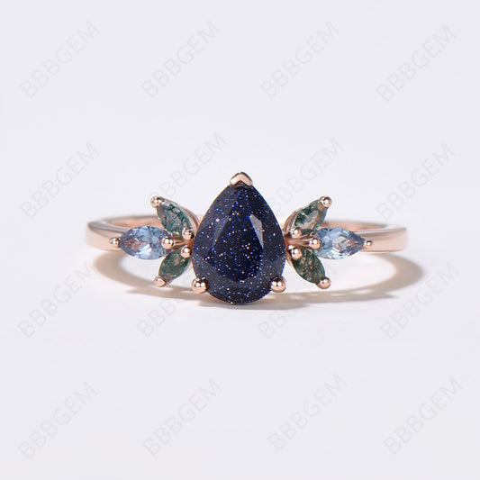 1.25ct Pear Shaped Blue Sandstone Engagement Ring 7 Stone Moss Agate Cluster Wedding Ring Rose Gold Blue Goldstone Promise Ring