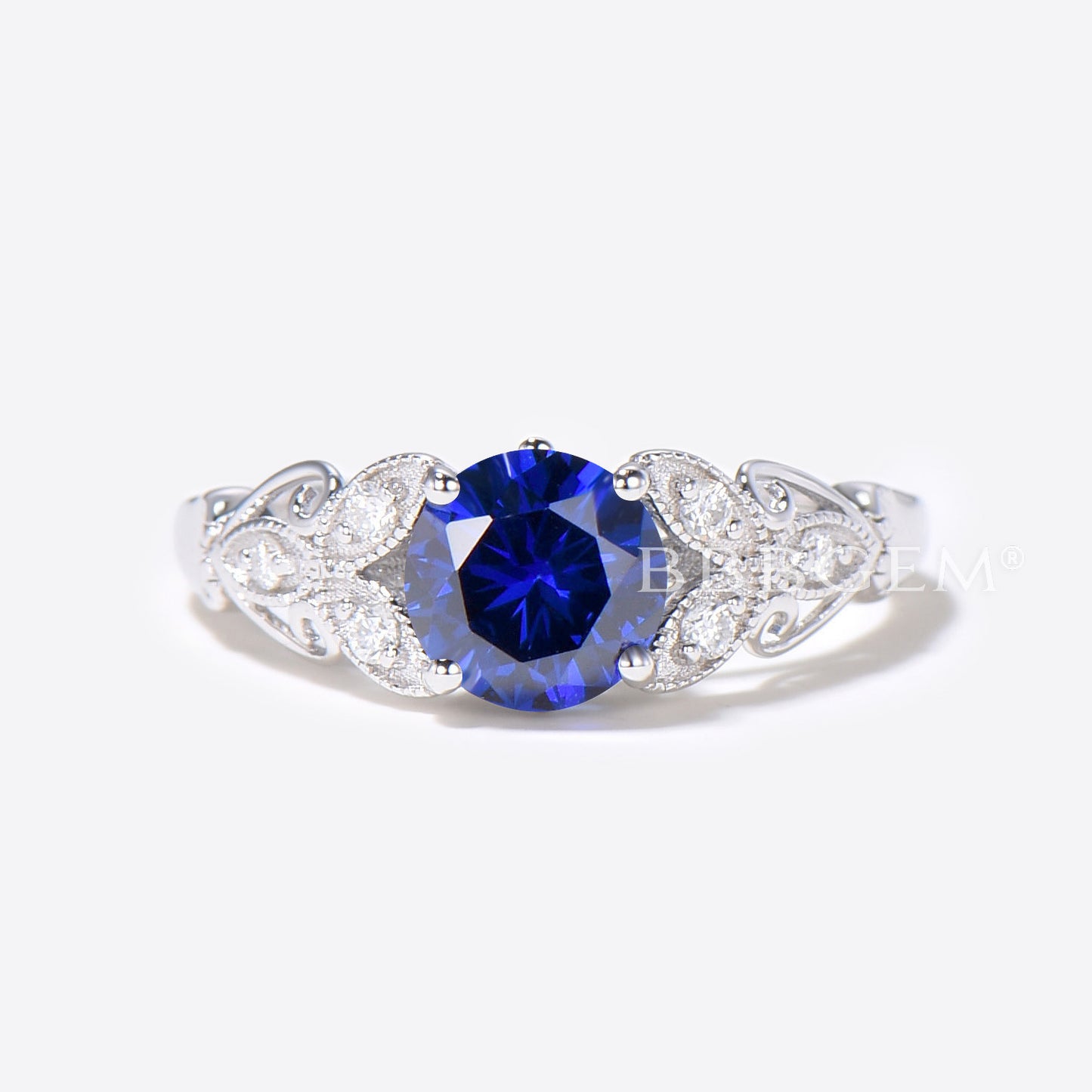 14K Gold Filigree Ring 1CT Round Blue Sapphire Engagement Ring