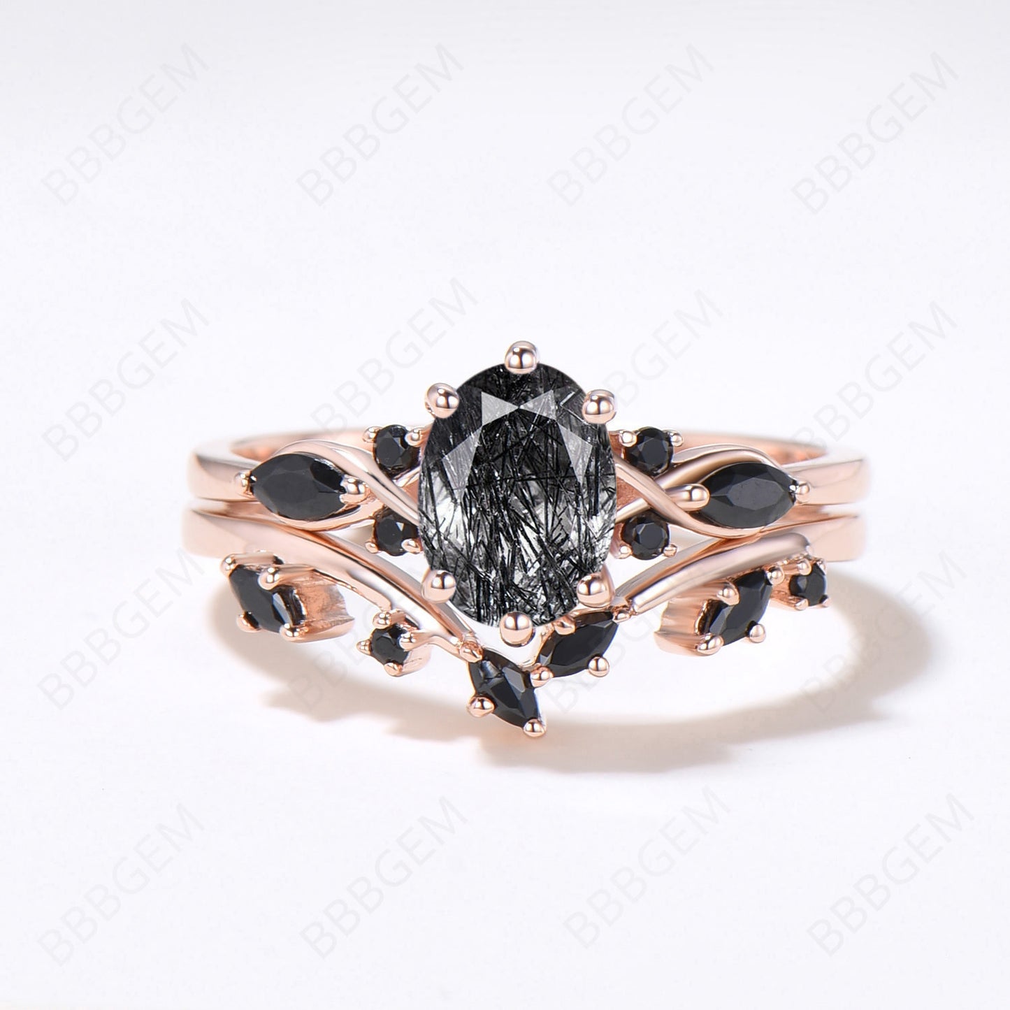 Rose Gold Oval Black Rutilated Quartz Engagement Ring Set