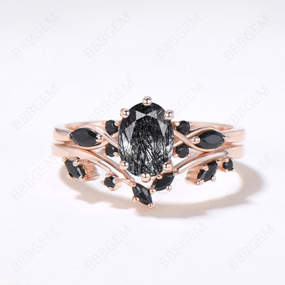 Rose Gold Oval Black Rutilated Quartz Engagement Ring Set