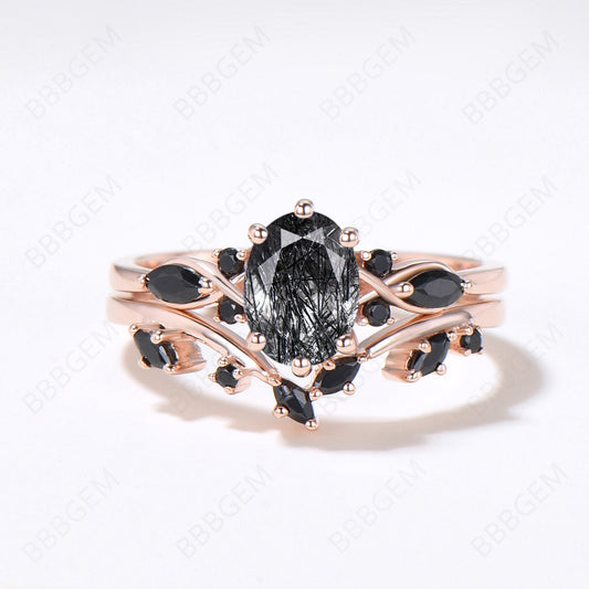 Rose Gold Oval Black Rutilated Quartz Engagement Ring Set