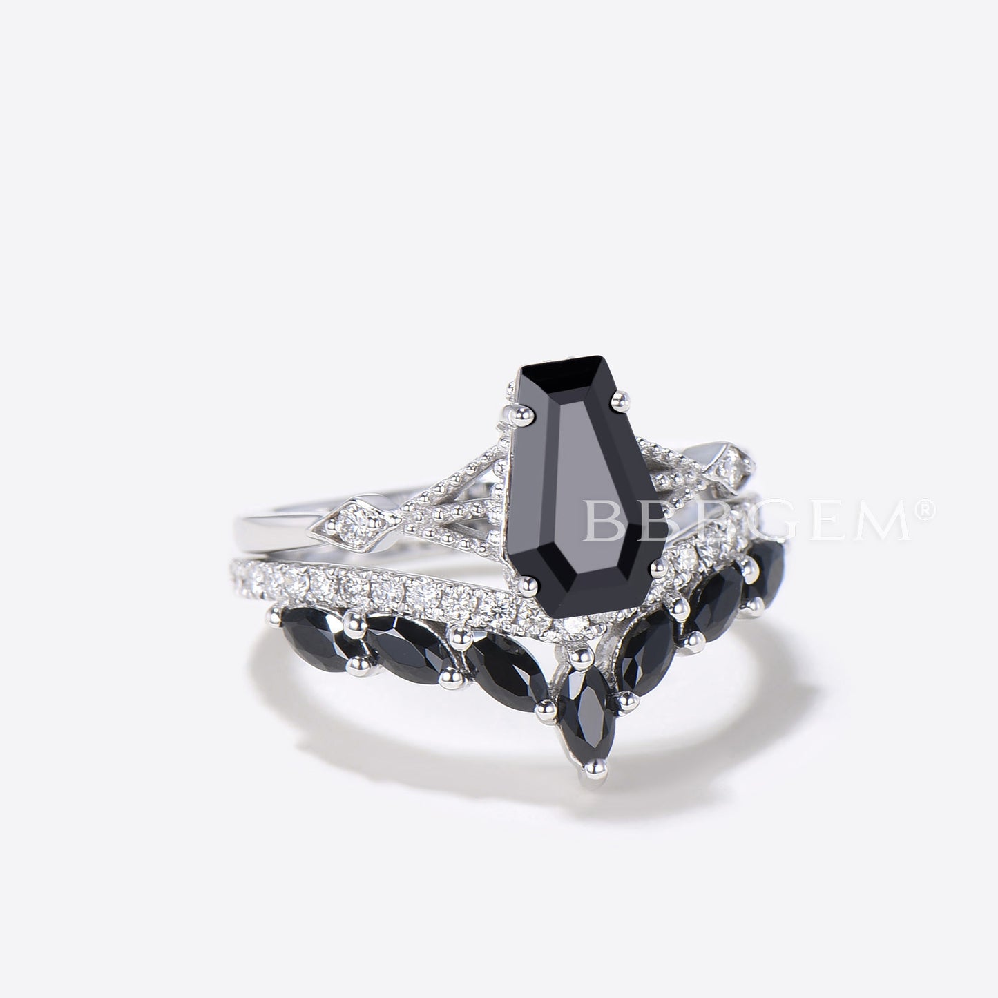 Coffin Shaped Black Onyx Engagement Ring Set Diamond Spinel Ring