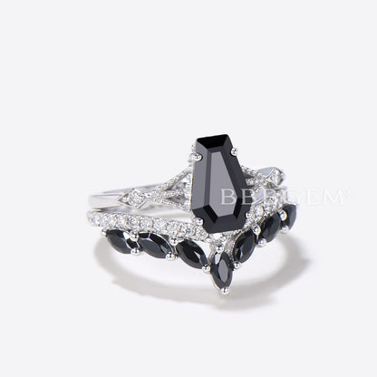 Coffin Shaped Black Onyx Engagement Ring Set Diamond Spinel Ring