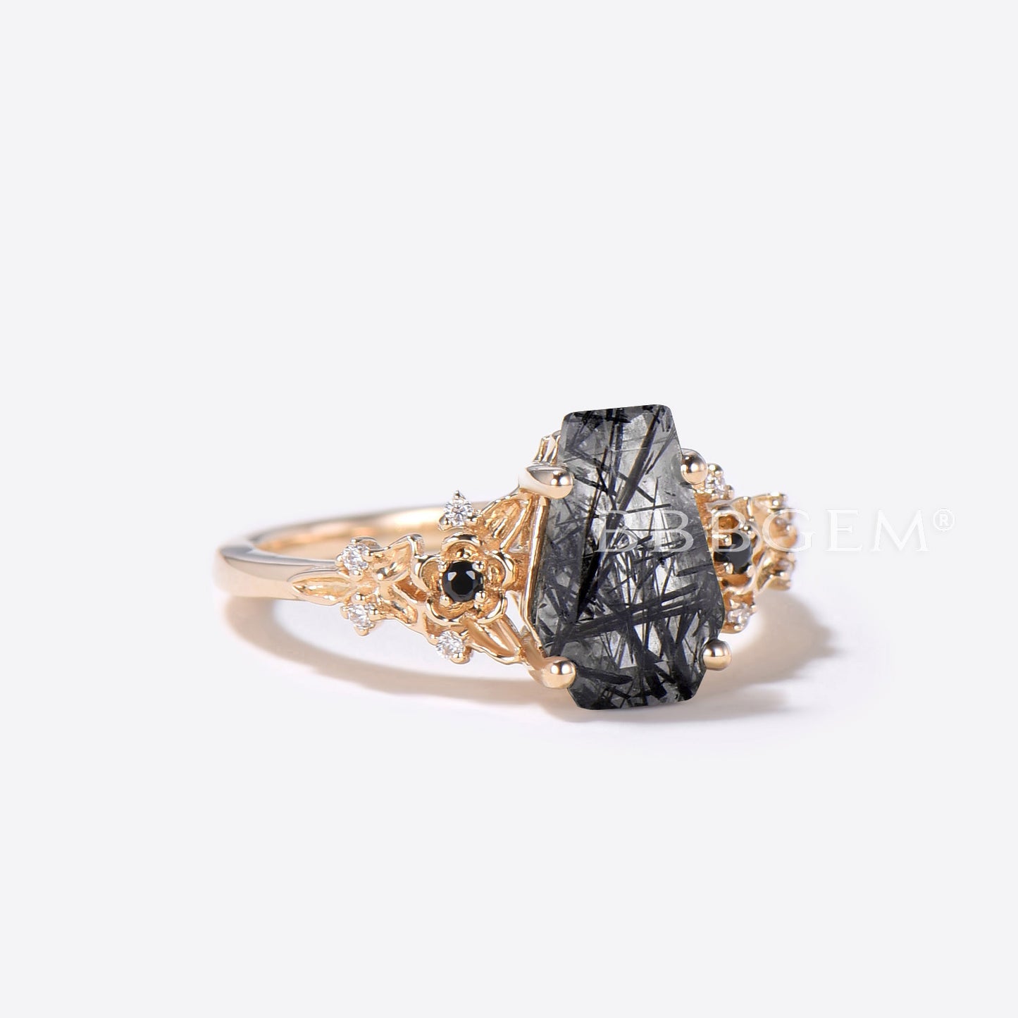 Coffin Shaped Black Rutilated Quartz Engagement Ring Floral Ring