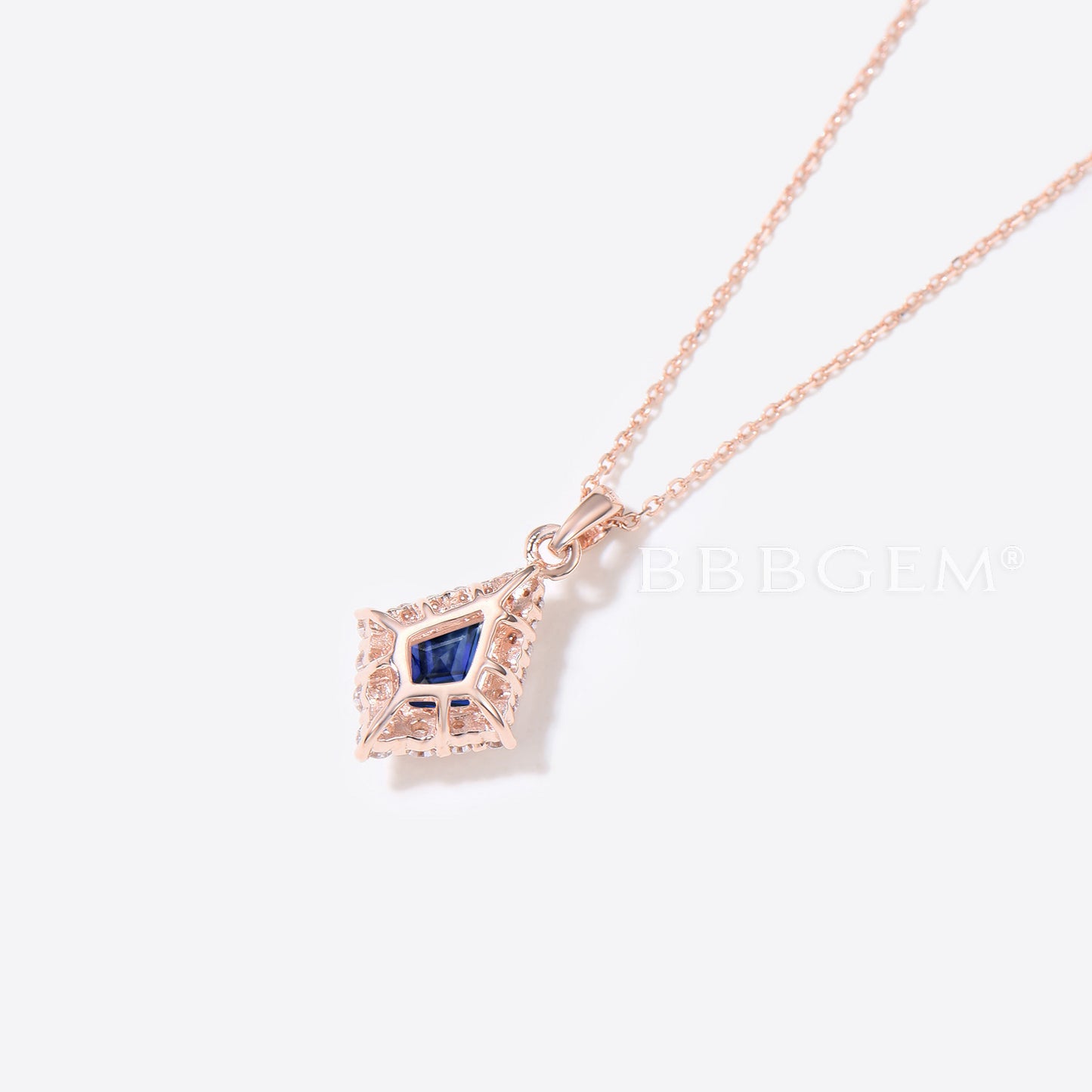 Rose Gold Kite Cut Blue Sapphire Necklace Halo Moissanite Pendant