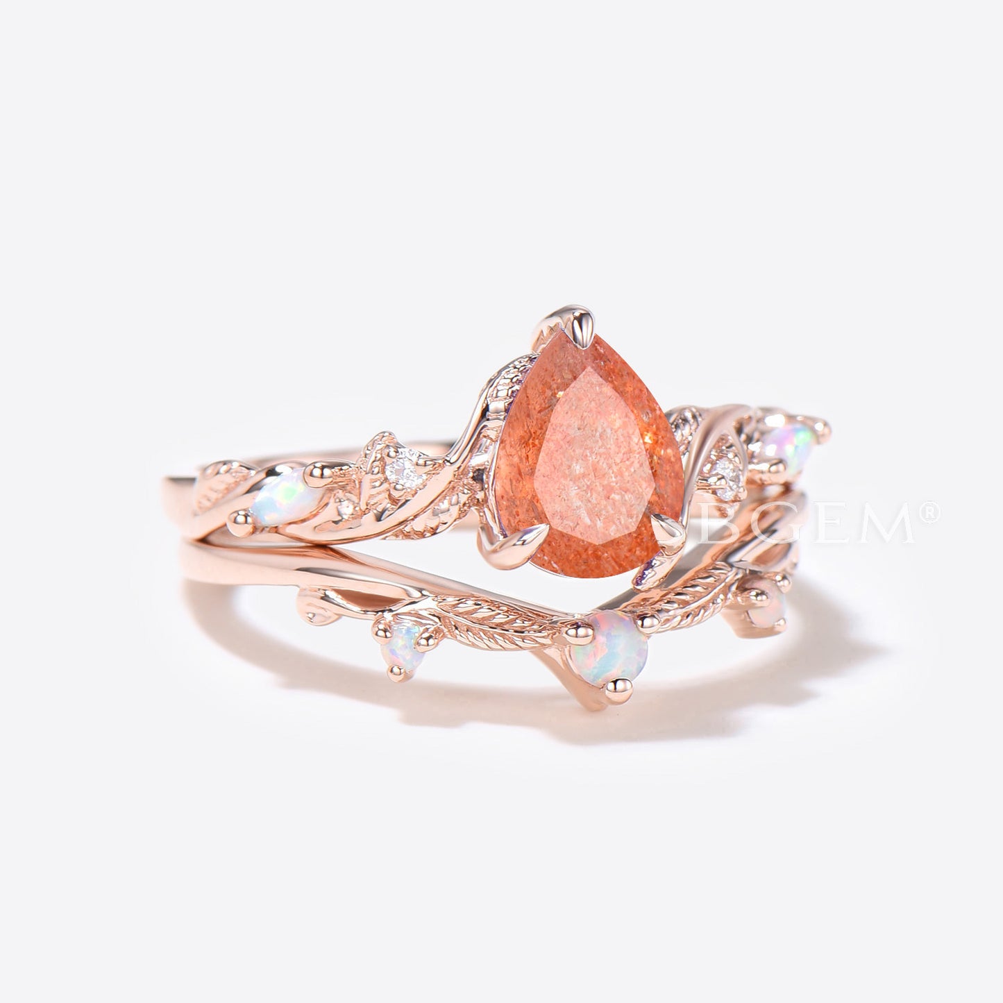 Twig Vine Pear Shaped Sunstone Engagement Ring Leaf Opal Bridal Set