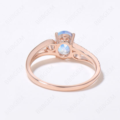 Art Deco Moonstone Engagement Ring Curved Wedding Ring Rose Gold Split Shank Band