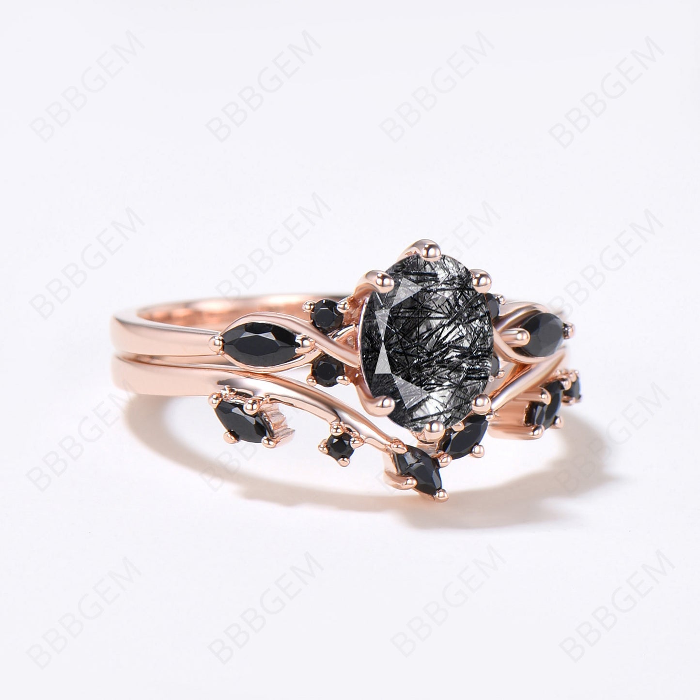 Rose Gold Oval Black Rutilated Quartz Engagement Ring Set