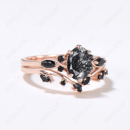 Rose Gold Oval Black Rutilated Quartz Engagement Ring Set