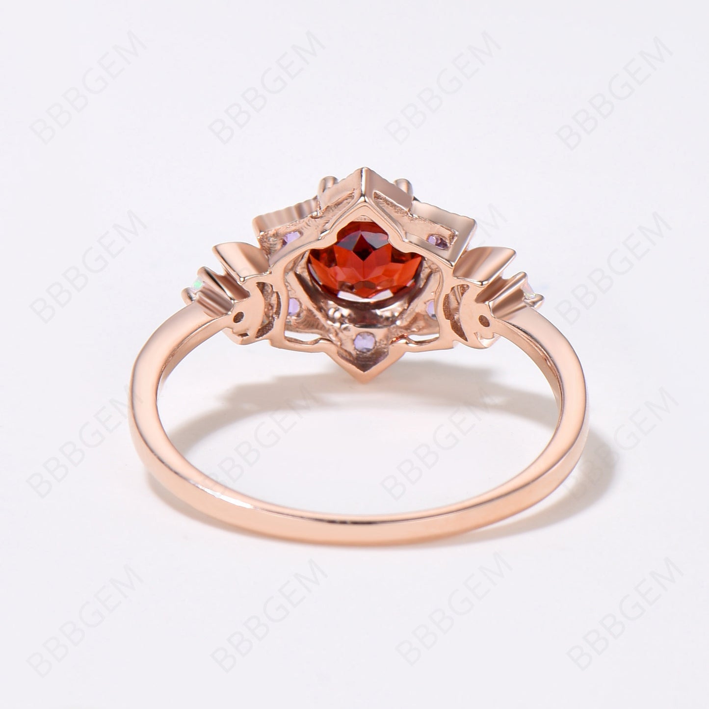 Floral Red Garnet Engagement Ring Moon Halo Amethyst Ring