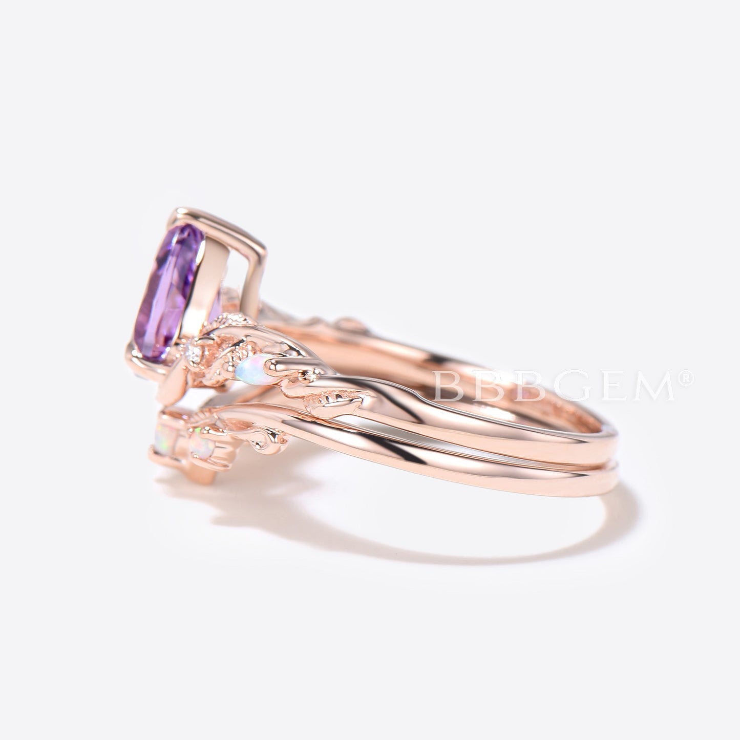 Twig Leaf Natural Amethyst Bridal Set 1.25ct Pear Shaped Amethyst Engagement Ring Purple Crystal Ring